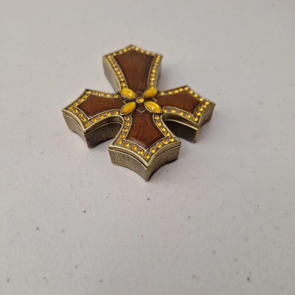 Vintage Ornate Brass Enamel Jeweled Trinket Box Cross 4.5